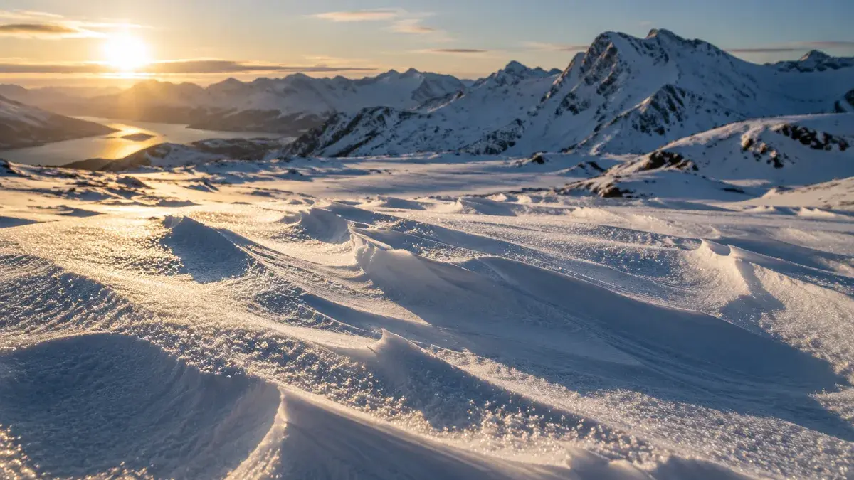 Vindskulpturert snø med skavler i lav vintersol, med en fjord og fjellrygg i bakgrunnen