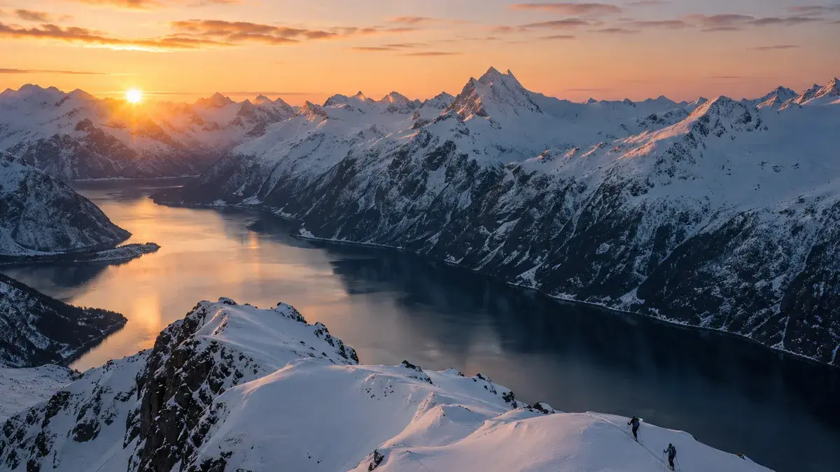 To skiløpere går opp en snødekt fjellrygg over en fjord i soloppgang, med tinder i bakgrunnen