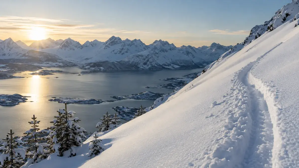 Bratt fjellside med dyp nysnø og ett skispor, med fjord og fjelltopper i morgensol nedenfor